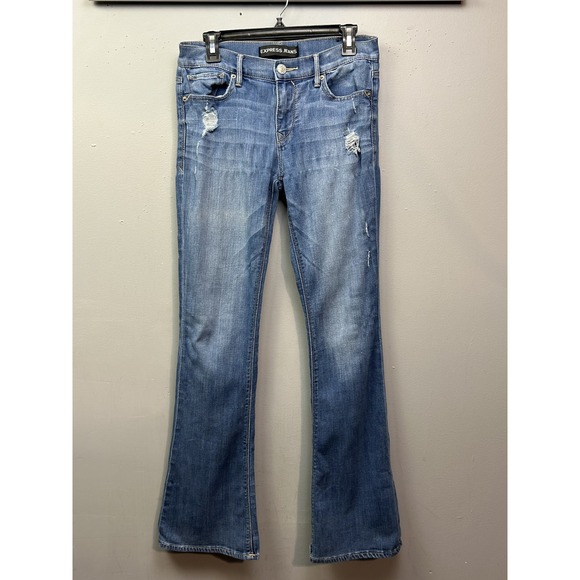 Express Jeans Womens 6 Blue Slim Flare Mid Rise Distressed Denim 33 Inseam Pants - Picture 1 of 8